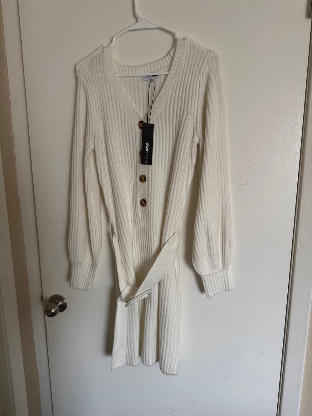 Fashion Nova Cream Ribbed V-Neck Button Sweater Dress